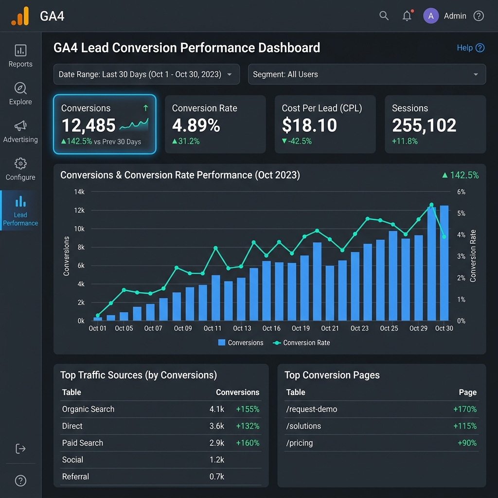 Google Analytics 4 Leads & Conversion Revenue Screenshot